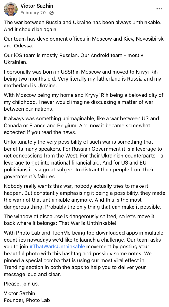 Victor Sazhin Post on Facebook