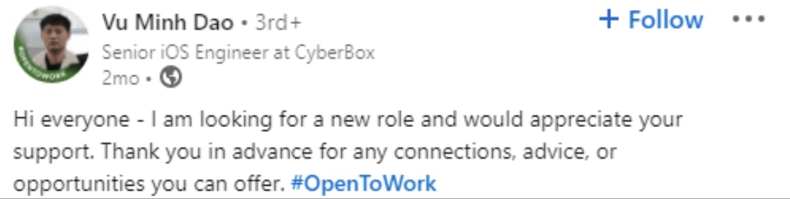 Example of an online persona seeking a remote job