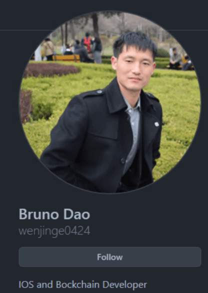 Bruno Dao refers to himself as an iOS and Blockchain Developer on his GitHub profile.