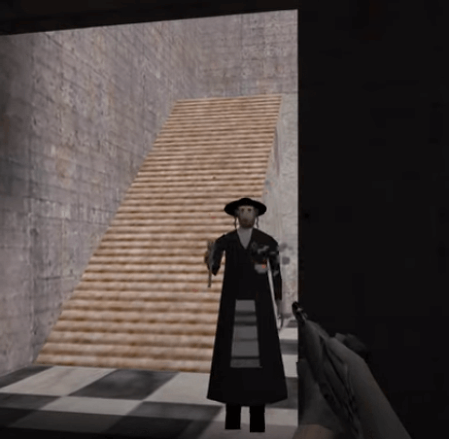 Ethnic Cleansing player shooting a Jewish victim in extremist video game